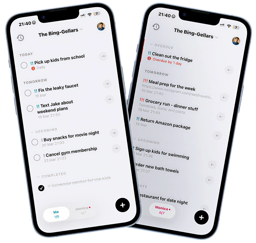 Two iPhones showing Halves shared task lists side by side