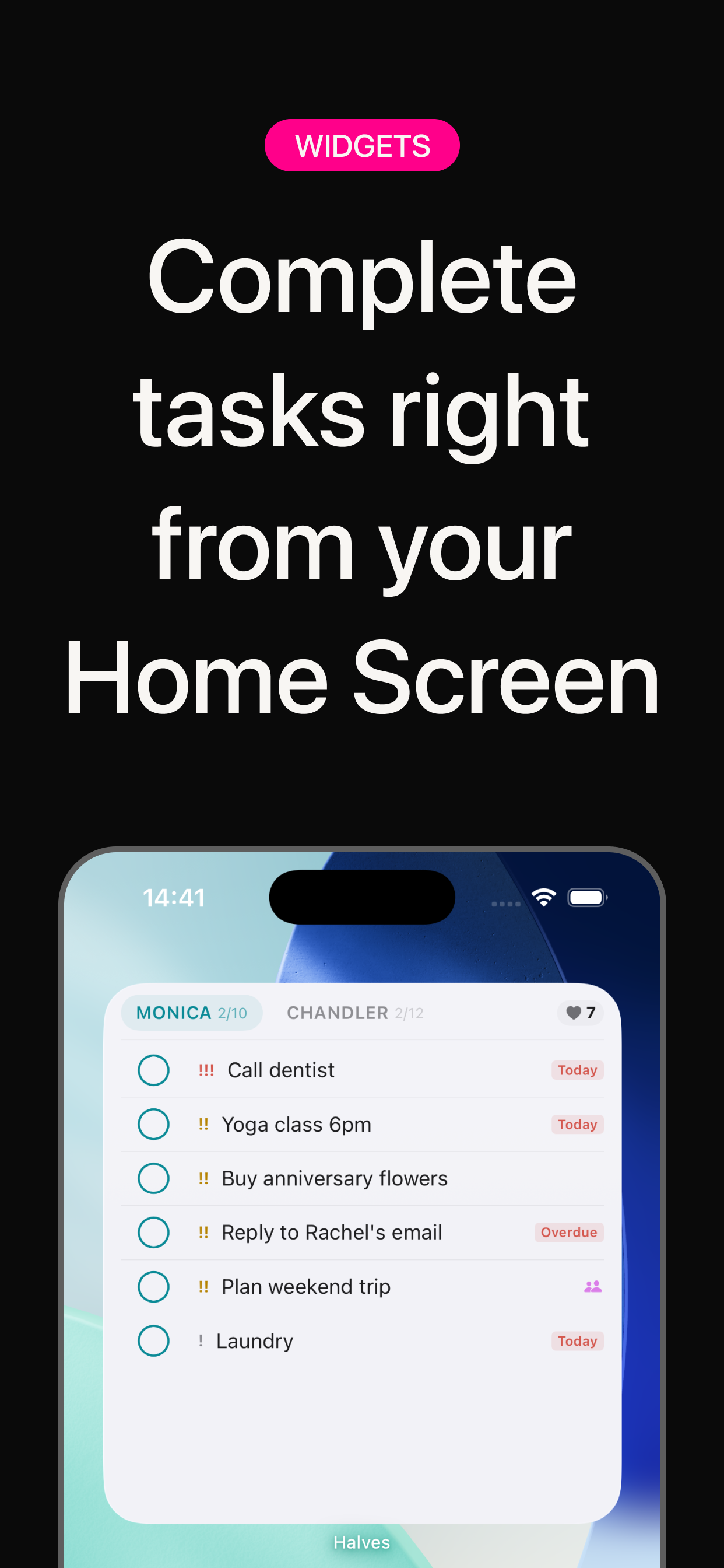 Halves Home Screen widgets — large, medium, and small sizes